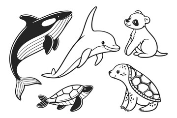 Cute Animal Line Art Collection Simple Outline Wildlife Vector Set Panda, Dolphin, Koala, Eagle, Shark, Deer, Turtle