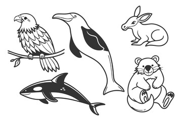 Cute Animal Line Art Collection Simple Outline Wildlife Vector Set Panda, Dolphin, Koala, Eagle, Shark, Deer, Turtle