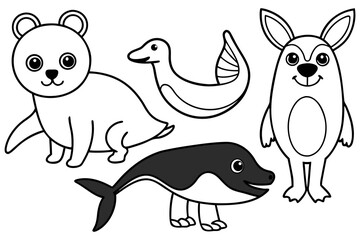 Cute Animal Line Art Collection Simple Outline Wildlife Vector Set Panda, Dolphin, Koala, Eagle, Shark, Deer, Turtle