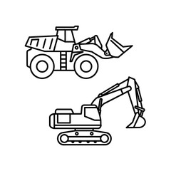 Naklejka premium Line art illustration of construction vehicles: loader and excavator.