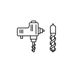 Line art illustration of a drill and drill bit on a white background.