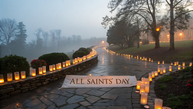 All saints day luminaria pathway illuminated by gentle lights on a misty evening creating a serene and reflective atmosphere