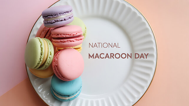 Colorful macarons arranged on a white plate with 'National Macaroon Day' text