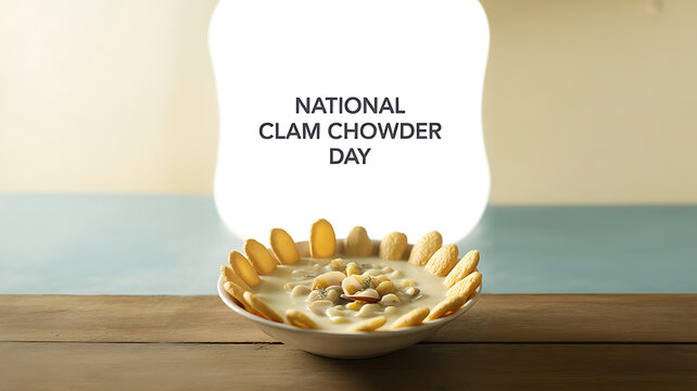 A bowl of clam chowder garnished with oyster crackers on a wooden table, celebrating National Clam Chowder Day