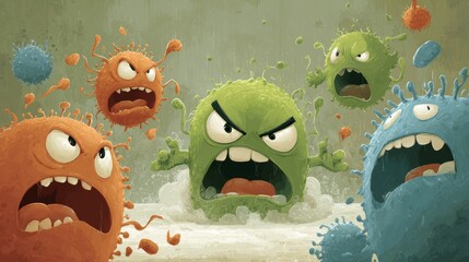 Illustration of cartoon germs with angry faces attacking a weak cartoon immune cell 