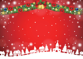 クリスマス背景、町並みシルエット、赤、かわいい、イラスト、横