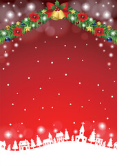 クリスマス背景、町並みシルエット、赤、かわいい、イラスト、縦