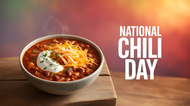 A steaming bowl of chili topped with shredded cheese and sour cream on a wooden surface, celebrating National Chili Day. - Powered by Adobe