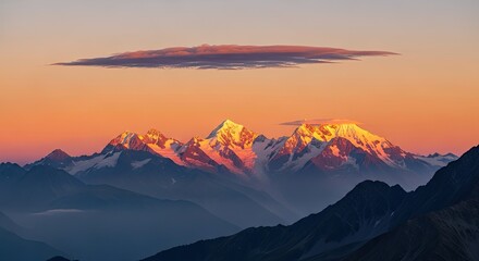 Stunning sunrise over snow-capped mountain peaks with golden light creating a dramatic landscape perfect for adventure travel and outdoor lifestyle promotions, offering an inspirational vista