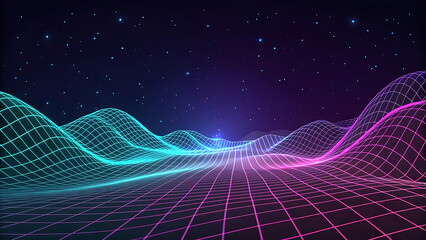 Abstract glowing digital landscape with neon grid lines and starry night sky background