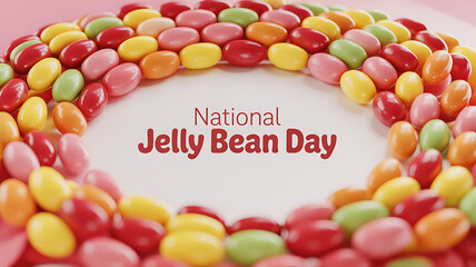 Colorful jelly beans arranged in a circular pattern with text celebrating National Jelly Bean Day