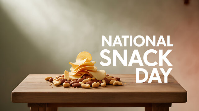 National Snack Day celebration with potato chips and mixed nuts on a wooden table - Powered by Adobe