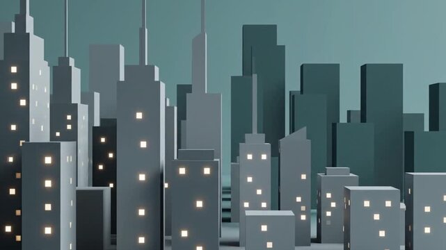静かな都市景観 ビルディング群のミニマルなシルエットが落ち着いた青緑色の背景に浮かび上がる