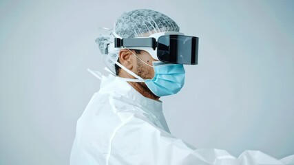 Medical worker protective suit with face mask, safety goggles, and sterile hospital healthcare pandemic technology profile view virtual reality visor - Powered by Adobe