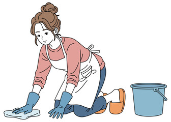 床の拭き掃除をする女性01