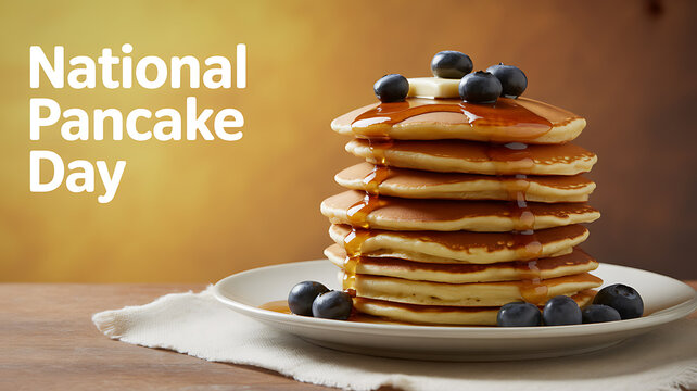 Stack of pancakes with syrup and blueberries on a plate, celebrating National Pancake Day