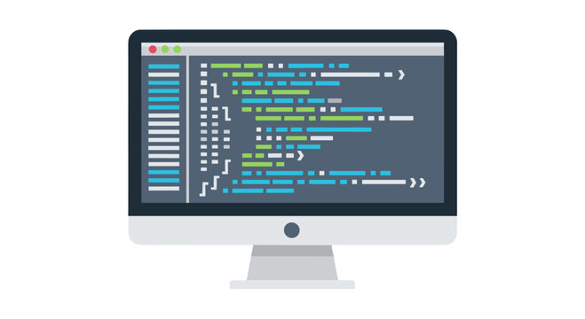 A flat vector illustration depicts a computer monitor displaying lines of code, representing software development and programming concepts in a modern style.