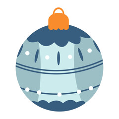 Blue silver striped bauble. Christmas ornament with frosty elegant design. Illustration for winter holiday branding, cards, packaging and kids print.