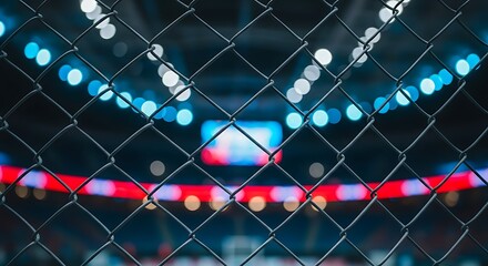 Chain link fence in foreground of a blurred combat sports arena with vibrant blue and red lights