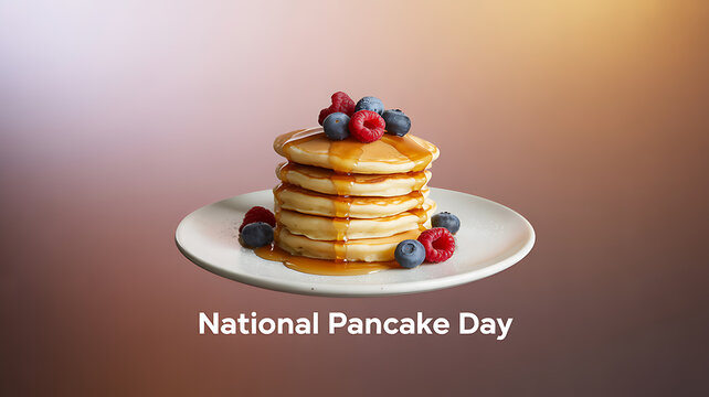 Stack of pancakes topped with berries and syrup on a plate, celebrating National Pancake Day - Powered by Adobe