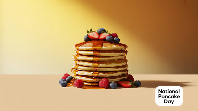 Stack of pancakes topped with berries and syrup, celebrating National Pancake Day - Powered by Adobe