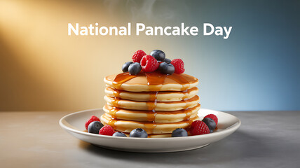 Stack of pancakes topped with berries and syrup on a plate, celebrating National Pancake Day
