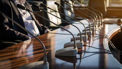 Close-up of conference meeting microphones on desk and businessman.
