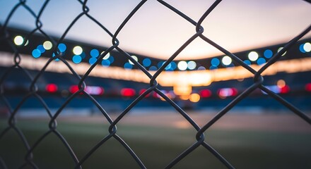 Fototapeta premium View through a chain-link fence to a blurred stadium with vibrant lights at dusk