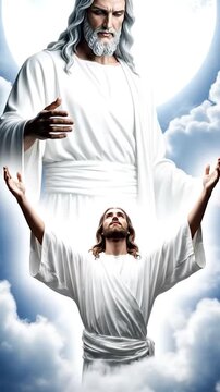 Two figures, one large, one smaller, in flowing white robes, with clouds