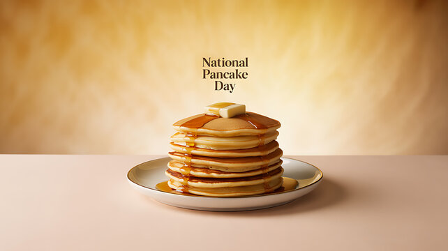 Stack of golden pancakes with syrup and butter on a plate, celebrating National Pancake Day