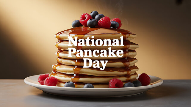 Stack of pancakes topped with berries and syrup celebrating National Pancake Day