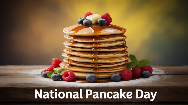 Stack of pancakes topped with berries and syrup on a wooden table for National Pancake Day - Powered by Adobe