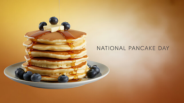 Stack of pancakes with blueberries and syrup being poured, celebrating National Pancake Day