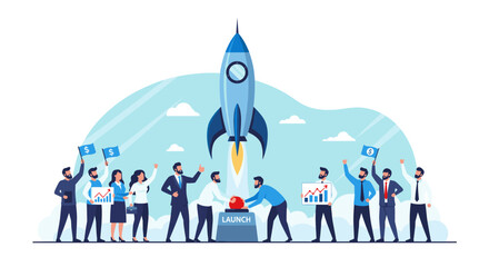 A diverse team celebrates the launch of a new venture, symbolizing innovation and successful teamwork against a backdrop of clouds and a rising rocket.