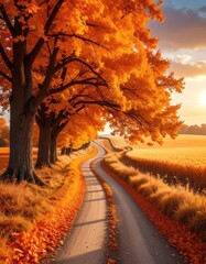 Autumnal country road with vibrant orange trees