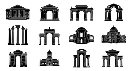 A collection of twelve architectural landmarks and monuments, rendered in black and white silhouette, showcasing a variety of historical designs and styles.
