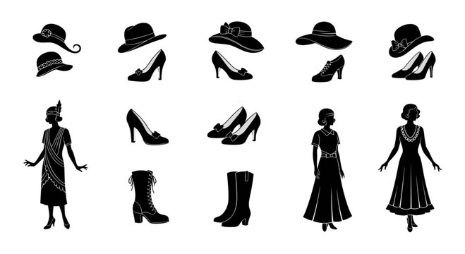 A vintage-inspired vector illustration showcases a collection of elegant women's fashion items, including dresses, hats, and shoes, evoking a classic era of style.