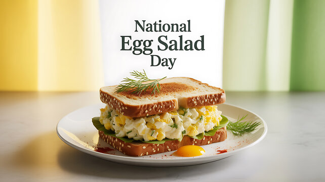 A toasted sandwich filled with egg salad, garnished with dill, served on a white plate with a yellow egg yolk beside it, celebrating National Egg Salad Day.