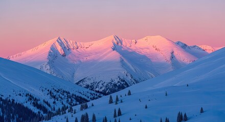 Stunning winter wonderland mountain peaks blanketed in snow and bathed in the soft pink glow of sunrise, perfect for travel inspiration and serene backgrounds