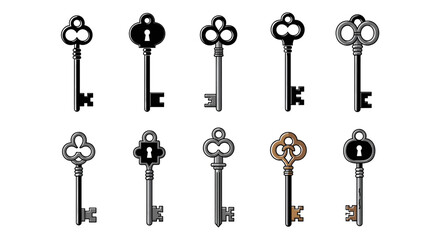 A collection of ten ornate, antique-style keys, each with a unique design and finish, providing a variety of options for security or decorative purposes.