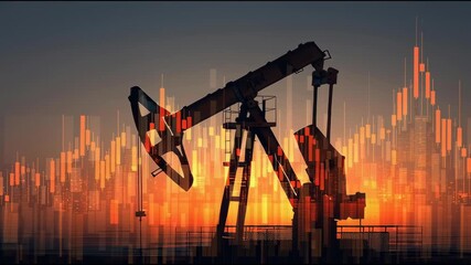 Oil price forecast with oil pump silhouette and glowing financial chart sunset, reflecting market trends, economic outlook, and market trend analysis - Powered by Adobe