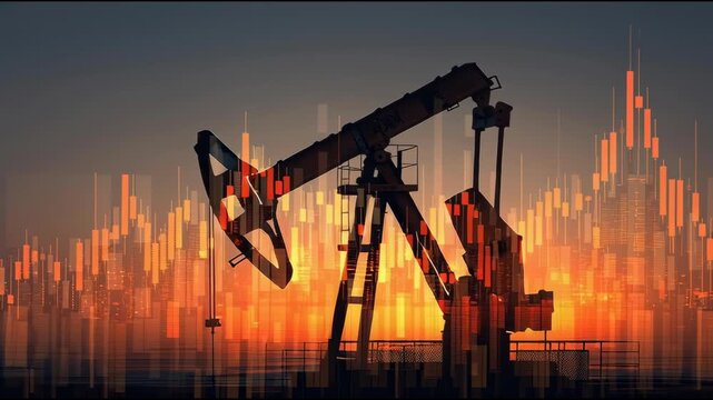 Oil price forecast with oil pump silhouette and glowing financial chart sunset, reflecting market trends, economic outlook, and market trend analysis
