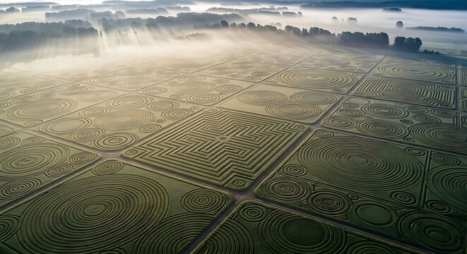 An ethereal aerial view of mysterious geometric patterns in a vast crop field with sunbeams piercing through the morning fog and mist