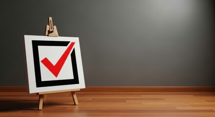 Close up of a canvas on a wooden easel with a red check mark inside a square