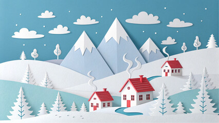 Fototapeta premium Charming paper cut winter village nestled in snowy mountains