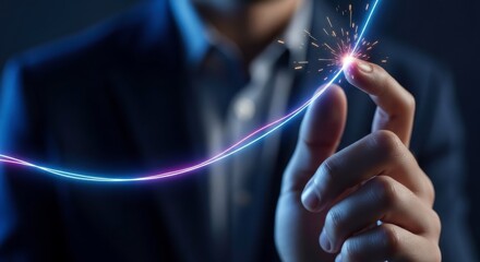 Person in suit touching a glowing line with sparks emanating from their fingertip