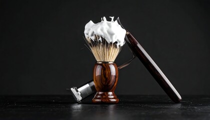 Close-up of shaving tools brush with lather, razor, wooden handle