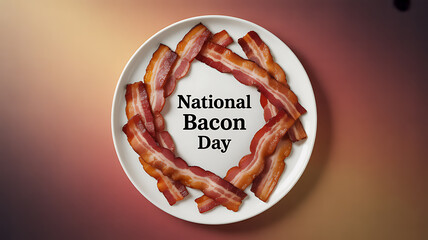 A plate of cooked bacon arranged in a circular pattern with 'National Bacon Day' text in the center
