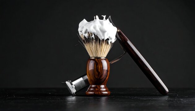 Close-up of shaving tools brush with lather, razor, wooden handle