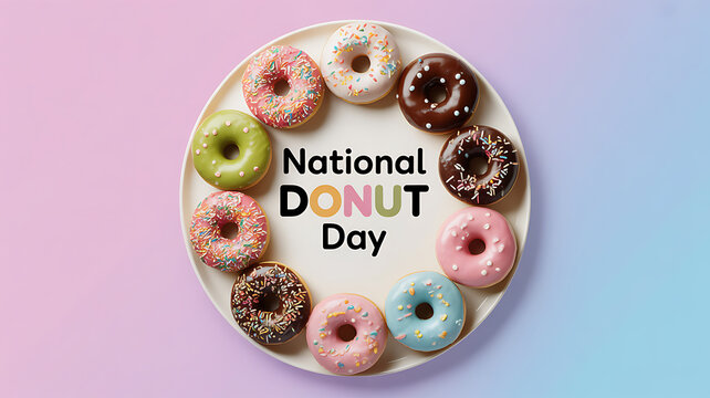 A plate of colorful donuts arranged in a circle with 'National Donut Day' text on a pastel gradient background